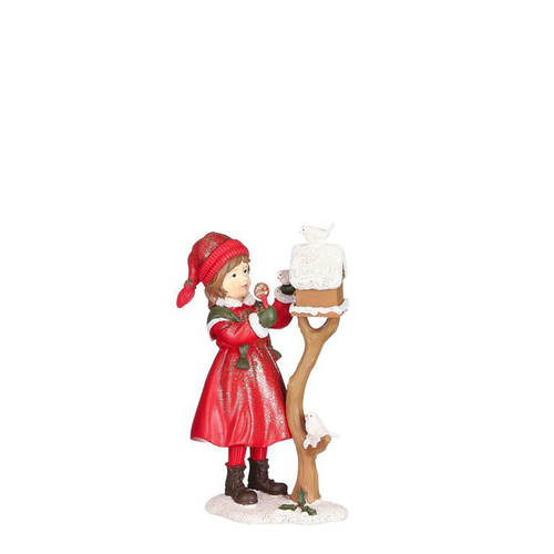 Visuel 1 du produit Figurine petite fille aux oiseaux en résine rouge - 12,5 x 7 x 19,5 cm