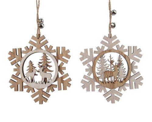 Visuel 1 du produit Flocon de neige en bois à suspendre avec renne blanc et marron - 12 x 12 x 0,7 cm