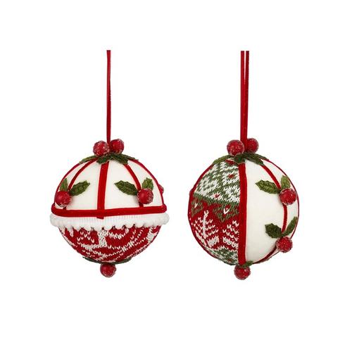 Visuel 1 du produit Boule de Noël effet tricot à décor de houx en laine rouge et blanche - Ø 10,5 cm