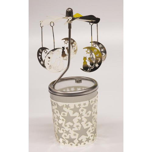 Visuel 1 du produit Carrousel photophore en métal argenté avec chats sur lune - H 12 cm