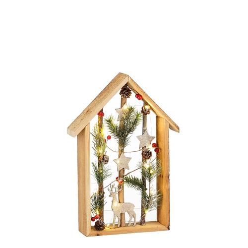 Visuel 1 du produit Maison décorative en bois de sapin naturel avec décor de Noël et LED - 24 x 6 x 36 cm