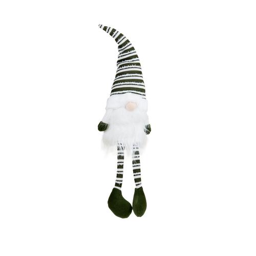 Visuel 1 du produit Peluche décorative de Noël gnome assis bonnet rayé jambes flexibles en polyester coloris vert et blanc - H 69 cm