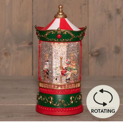 Visuel 2 du produit Décoration de Noël lumineuse lanterne boule à eau manège en PVC coloris rouge LED blanc chaud à piles - H 20,5 x Ø 9 cm