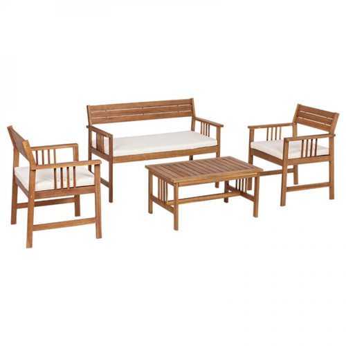 Visuel 1 du produit Salon de jardin coloris acacia et écru Noémie - 4 éléments (canapé, table basse et deux fauteuils)