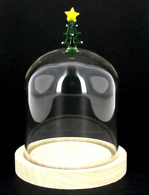 Visuel 1 du produit Cloche en verre avec décor sapin et étoile sur socle en bois - Ø 12 x H 17 cm