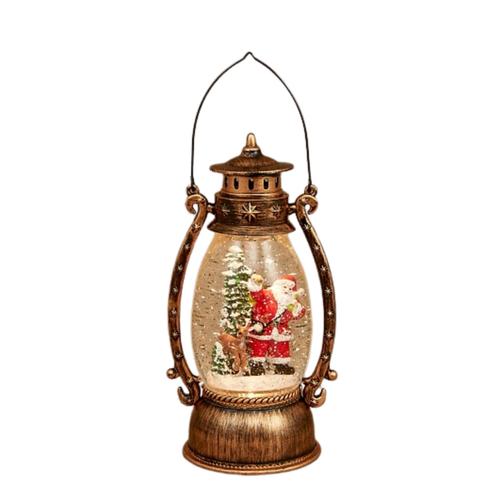 Visuel 1 du produit Décoration de Noël lumineuse lanterne ronde Père Noël en PVC coloris marron LED blanc chaud à piles avec minuteur - H 25,5 cm