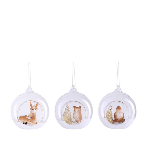 Visuel 1 du produit Décoration à suspendre en verre forme boule blanche avec animal 3D marron - Ø 8 cm