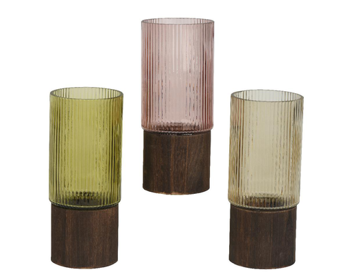 Visuel 1 du produit Photophore cylindrique en verre coloré avec base en bois - Ø 10 x H 24,5 cm