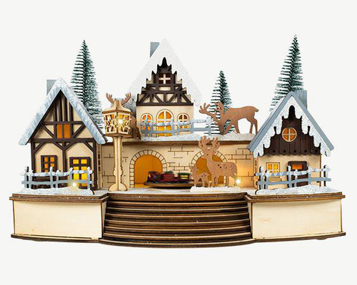 Visuel 1 du produit Scénette village en bois musical à 10 LED blanc chaud sur piles - 30 x 18 x 20 cm