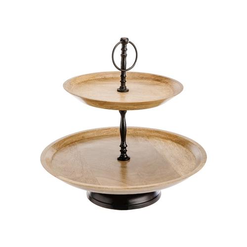 Visuel 1 du produit Serviteur noir à 2 plateaux en bois de manguier naturel - 35 x 24,5 x 33 cm