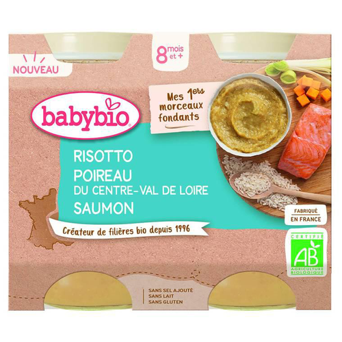 Visuel 1 du produit Petits pots pour bébé dès 8 mois risotto poireau saumon avec morceaux Babybio Mes 1ers morceaux fondants – 2 x 200 g