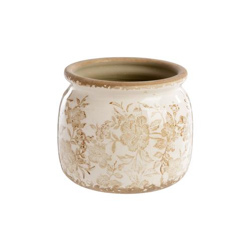 Visuel 1 du produit Cache-pot en céramique blanc et beige décor feuillage - Ø 16 x H 13 cm