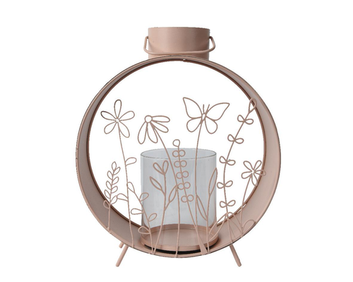 Visuel 1 du produit Lanterne ronde en fer avec fleurs coloris pêche - 24 x 10 x 29 cm