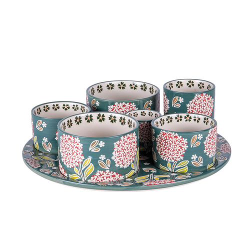 Visuel 1 du produit Service apéritif en porcelaine motifs floraux Cottage - 1 Plateau et 6 coupelles