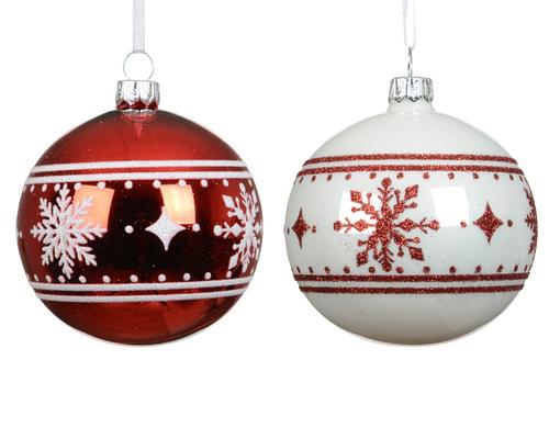 Visuel 1 du produit Boule de Noël en verre à frise de flocons rouge et blanc - Ø 8 cm