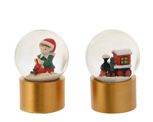 Visuel 1 du produit Boule à neige en verre avec sujet de Noël rouge et vert sur socle en polyrésine or - Ø 4,5 x H 7,3 cm