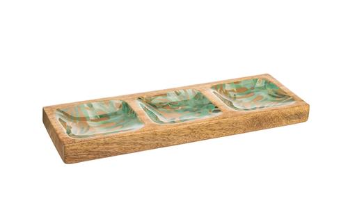Visuel 1 du produit Plateau en bois de manguier à 3 inserts émaillé décor monstera vert - 38 x 12 x 3 cm
