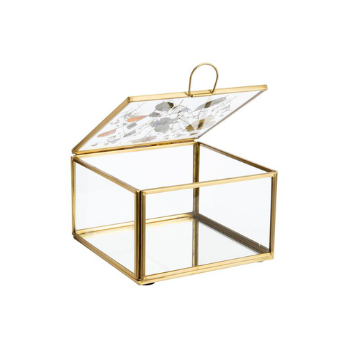 Visuel 4 du produit Boîte carrée en verre et métal doré avec décor fleurs séchées grand modèle - 13 x 13 x 8 cm