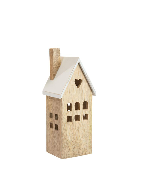 Visuel 1 du produit Photophore maison cœur coloris beige en bois de manguier - 9 x 8,3 x 23,5 cm