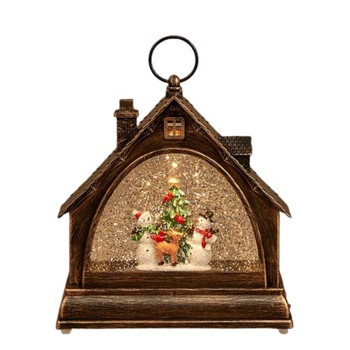 Visuel 1 du produit Décoration de Noël lumineuse lanterne maison avec bonhommes de neige en PVC coloris marron LED blanc chaud à piles avec minuteur - H 21,5 cm