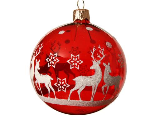 Visuel 1 du produit Boule de Noël en verre rouge avec motif renne et étoiles - Ø 8 cm