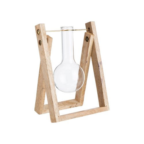 Visuel 1 du produit Soliflore en verre forme éprouvette sur socle en bois de manguier - 15 x 14,5 x 19,5 cm