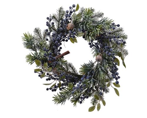 Visuel 1 du produit Couronne de sapin vert et baies givrées bleues en PE grand modèle - Ø 40 cm