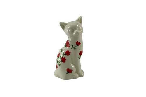 Visuel 1 du produit Chat debout en céramique blanche avec motifs fleurs rouges Louise - 13 x 10 x 7 cm