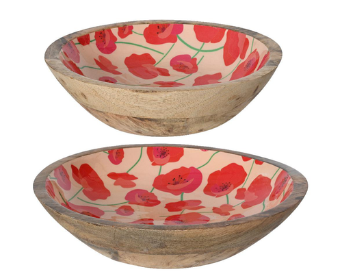 Visuel 1 du produit Bol décoratif à motif de coquelicots en bois de manguier rouge T1 - Ø 30 x H 6,5 cm