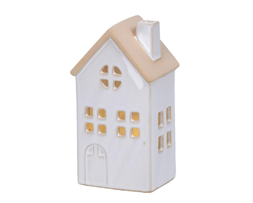 Visuel 1 du produit Maison en porcelaine blanche avec LED fixe blanc chaud pour intérieur - 6,7 x 8,7 x 15,5 cm