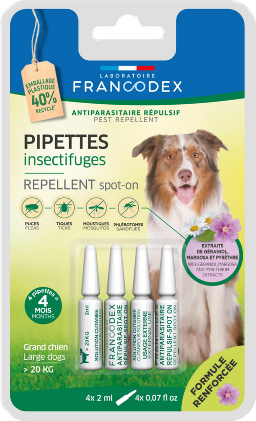 Visuel 1 du produit Pipettes antiparasitaires répulsives pour grand chien de plus de 20 kg Francodex - 4 x 2 ml