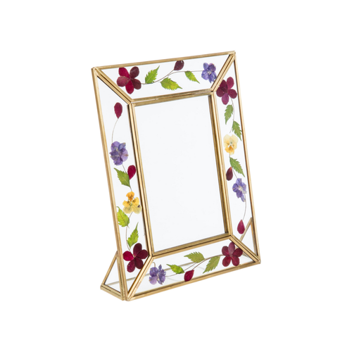 Visuel 1 du produit Cadre photo en verre avec fleurs séchées et bord doré - 18 x 23 cm