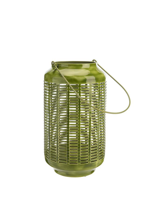 Visuel 1 du produit Lanterne en métal émaillé décor lignes coloris vert - 15,5 x 23 x 27 cm