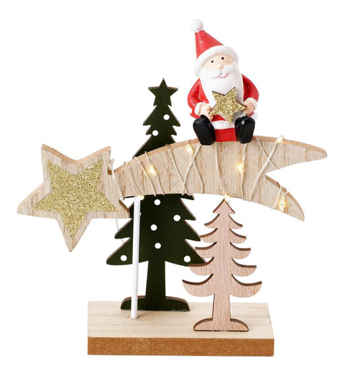 Visuel 1 du produit Centre de table en bois avec sapin vert, père Noël rouge et étoile filante avec LED - 14,5 x 5 x 15 cm