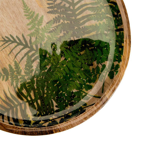 Visuel 2 du produit Plateau rond en bois de manguier avec décor fougères vert - Ø 30 cm