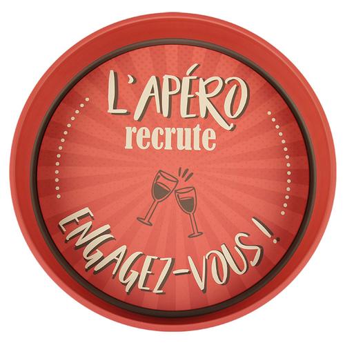 Visuel 1 du produit Plateau Viggo "L'apéro recrute... engagez-vous !" coloris rouge en métal - Ø 33 x 4 cm
