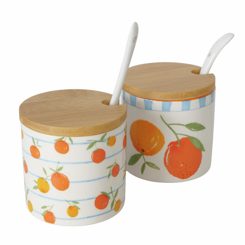 Visuel 1 du produit Pot de confiture à motifs de fruits coloris bleu, orange, blanc - Ø 9 x H 8,5 cm