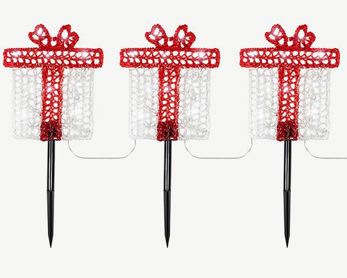 Visuel 1 du produit Ensemble de 3 piques solaires forme cadeaux rouges à 30 LED blanc froid pour extérieur - 1 m