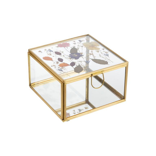 Visuel 2 du produit Boîte carrée en verre et métal doré avec décor fleurs séchées grand modèle - 13 x 13 x 8 cm