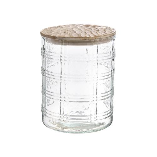 Visuel 1 du produit Boîte décorative en verre transparent à stries horizontales avec couvercle en bois - Ø 12 x H 15 cm