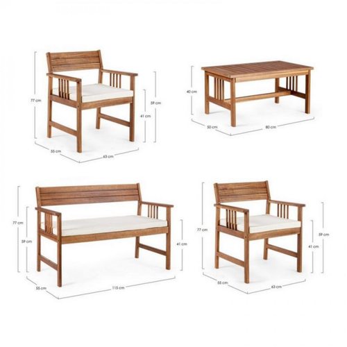 Visuel 3 du produit Salon de jardin coloris acacia et écru Noémie - 4 éléments (canapé, table basse et deux fauteuils)