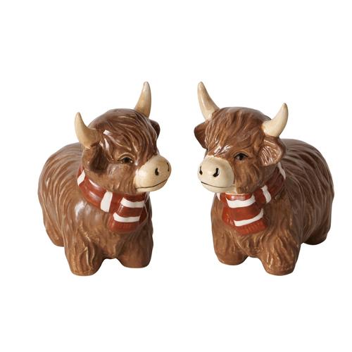 Visuel 1 du produit Coffret salière et poivrière en poterie marron forme vache écossaise Buffy - 10 x 4,5 x 9 cm