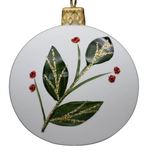 Visuel 1 du produit Boule de Noël en verre blanc mat avec branche verte et or - Ø 7 cm