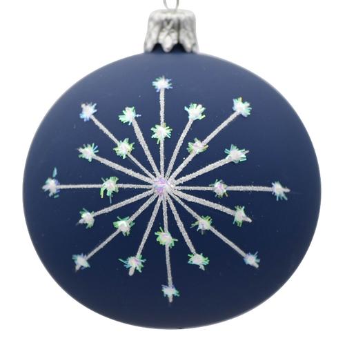 Visuel 1 du produit Boule de Noël en verre bleu foncé à motif flocons blancs - Ø 7 cm