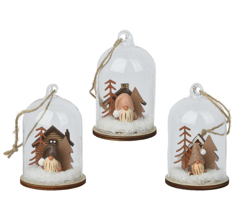 Visuel 1 du produit Cloche transparente à suspendre sur socle en bois avec gnome, maison et sapin - Ø 6,5 x H 10,5 cm