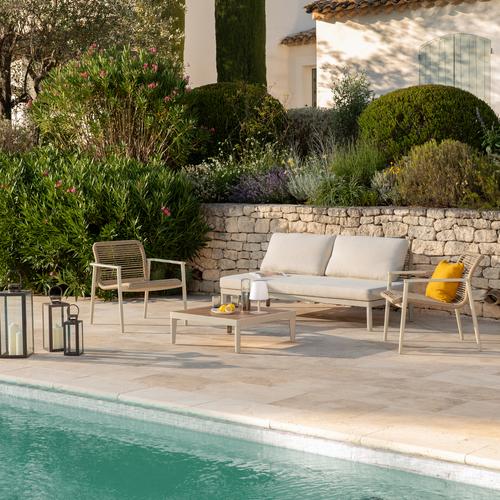 Visuel 6 du produit Banquette d'extérieur coloris beige en aluminium et résine Sollya - 167,5 x 86,5 x 66 cm