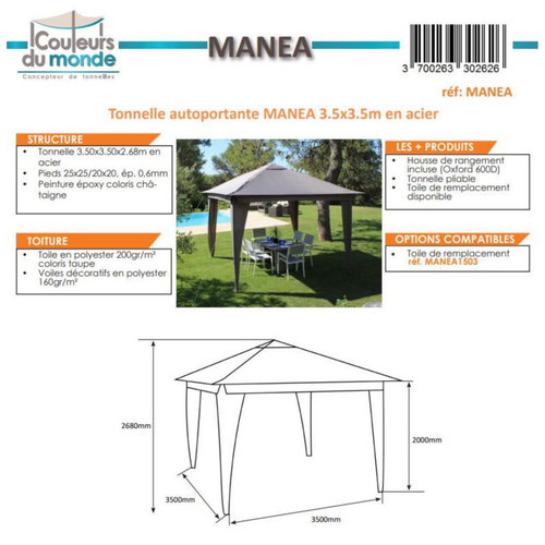 Visuel 4 du produit Tonnelle Manea pliable en acier Couleurs Du Monde - 3.5 x 3.5 m