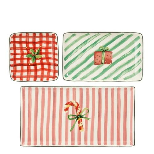 Visuel 1 du produit Ensemble de 3 plateaux en céramique rose, rouge et vert à décor Noël