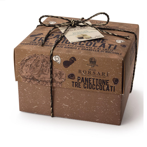 Visuel 1 du produit Panettone aux 3 chocolats Borsari - emballé à la main dans une boîte en carton 750 g