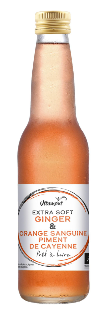 Visuel 1 du produit Boisson Extra Soft Ginger orange sanguine piment de Cayenne Bio en bouteille de verre Vitamont - 33 cl